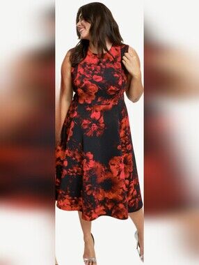 💃Calvin Klein Black & Red Floral A-Line Dress Sz 18w